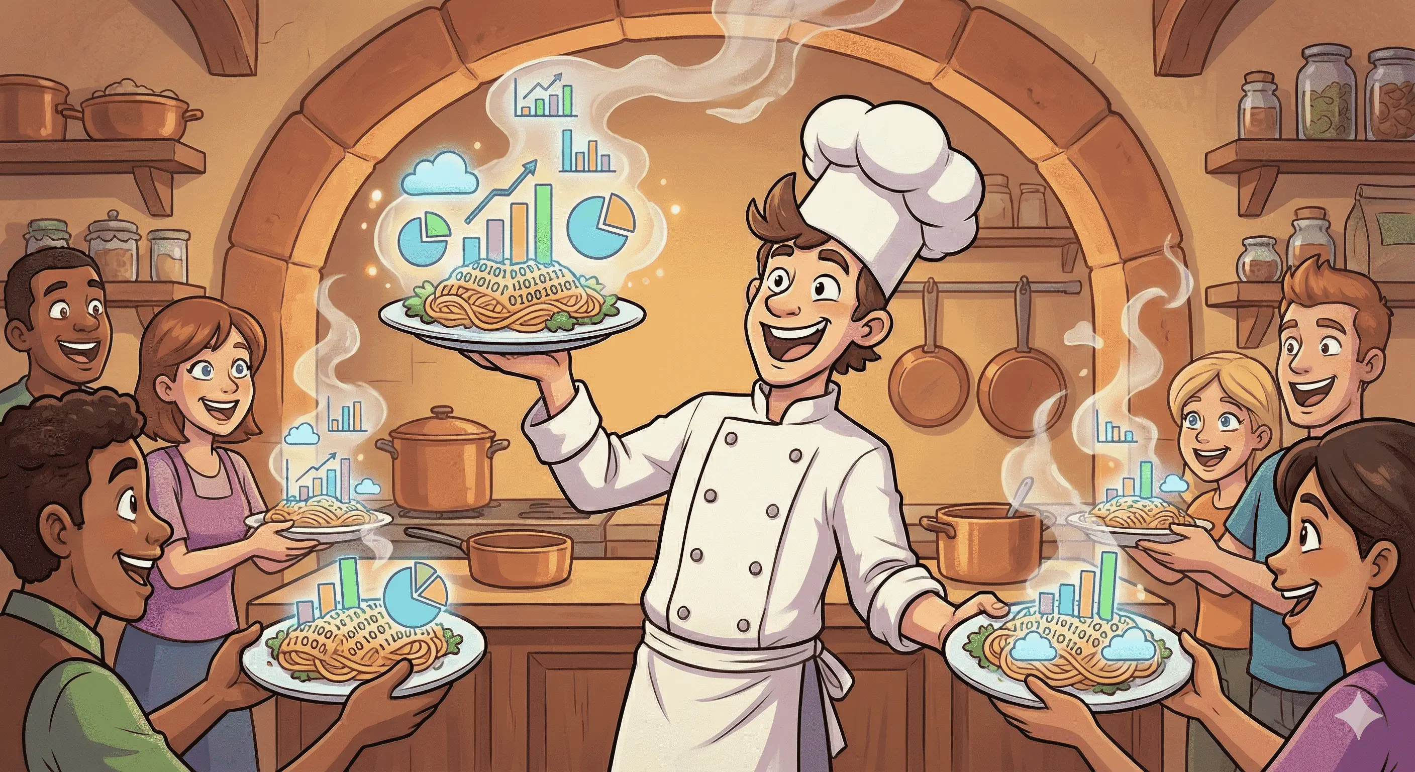 chef sorrindo e servindo prato com dados